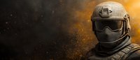 Military tactical operator in protective helmet and mask against dramatic orange and black smoky background with particles, suitable for gaming or security concepts.