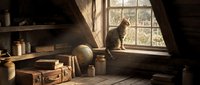 Tabby cat sitting on windowsill in rustic attic room with vintage books, globe, and antique items, warm natural light streaming through window.
