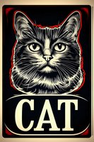 Dramatic black and white cat portrait with red outline on dark background, vintage propaganda style artwork with bold typography, suitable for posters and prints.