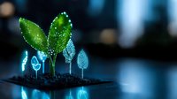 Glowing neon plant sprouts and leaves in dark soil against blurred background, concept of green technology, innovation and sustainable growth in digital age.