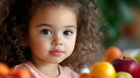 Young mixed-race toddler girl with curly hair eating healthy fruits in kitchen, promoting nutritious childhood diet and family wellness lifestyle.
