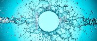 Overhead view of water splashing and flowing around a circular white void on vibrant turquoise background, suitable for wellness, hydration, and product design projects.
