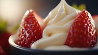 Fresh ripe strawberry halves with smooth whipped cream swirl between them on dark plate, macro food photography with soft selective focus.