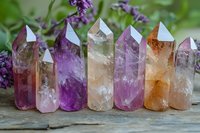 Healing crystal points collection with amethyst, rose quartz, and citrine towers arranged on rustic wood surface against purple wildflower background for spiritual wellness.