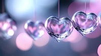 Romantic glass hearts hanging on strings against pink bokeh background create dreamy atmosphere for Valentine's Day and wedding designs.