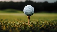 White golf ball on wooden tee in green grass at sunset with blurred golf course background, close-up macro shot capturing golden hour lighting and texture details.
