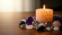 Burning candle with healing crystals and gemstones on wooden surface creating peaceful meditation atmosphere for spiritual wellness and relaxation.