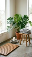 Cozy window nook with lush monstera plant in terracotta pot, wooden stool holding folded towels, candle on decorative tray, and wooden bath mat. Bright natural light from window creates serene spa-like atmosphere for relaxation and wellness.