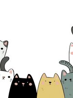 Cute cartoon cats peeking from bottom frame, perfect for children's designs and greeting cards. Simple kawaii style illustration on white background, isolated for creative projects.