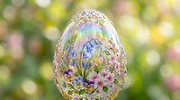 Decorative glass egg with colorful floral patterns featuring pink and blue flowers, isolated on blurred garden background. Use for Easter, spring celebrations, home decor, and seasonal design projects.