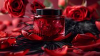 Red luxury cosmetic cream jar with rose petals on dark background, romantic skincare product photography with dramatic moody lighting and reflections.