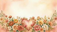 Watercolor floral border with heart and roses in warm peach tones, copy space background for Valentine, wedding, or greeting card design.