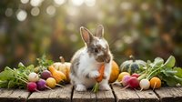 Adorable bunny rabbit with fresh organic vegetables on rustic wooden table. Easter spring harvest concept with natural sunlight bokeh background.