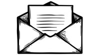 Open envelope with letter document emerging, black line art illustration on white background for business communication and correspondence designs.