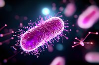 Pink glowing bacteria cell with surface proteins on dark background, scientific visualization of microorganism for medical and educational purposes.