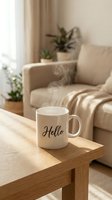 Steaming white ceramic mug with Hello script on a wooden table in a cozy neutral living room with soft natural light.