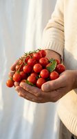 Hands holding fresh red cherry tomatoes on vine in cream sweater for healthy cooking and organic farming concepts.