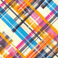 Colorful diagonal stripes and geometric shapes in blue, orange, pink and gray create modern abstract pattern. Seamless repeat design for fabric and wallpaper.