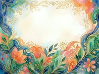 Watercolor floral frame with gold accents, vibrant orange, pink, and green botanical elements surrounding a soft white center copy space.