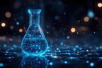 Glowing blue digital laboratory flask with network connections against dark background with bokeh lights, representing scientific innovation and research.