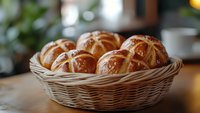 Fresh hot cross buns with glossy glazed tops arranged in rustic wicker basket on wooden table, traditional Easter holiday baking with soft bokeh background.
