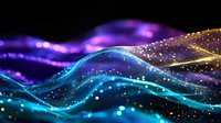 Abstract flowing waves of blue, purple and gold light with glowing particles creating magical ethereal effect against dark background, suitable for technology and innovation designs.