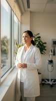 Professional Asian female doctor in white coat standing by hospital window looking thoughtful in modern medical facility for healthcare concepts.