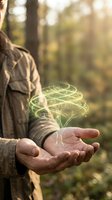 Person in casual shirt holding glowing tree hologram in forest setting, representing renewable energy, sustainability, environmental technology, and eco-friendly innovation concepts.