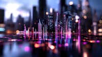 Futuristic cityscape with glowing pink digital visualization bars reflecting on wet surface against blurred urban skyline and bokeh lights at night. Modern technology concept.