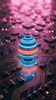 Glowing neon egg with blue and orange rings sits on circuit board with bokeh lights, representing digital innovation, technology, and artificial intelligence concepts.