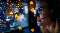Young female programmer with headset looking at glowing computer code display in dark office, orange bokeh lights create magical atmosphere.