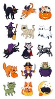 Halloween cats collection featuring witch, mummy, vampire, skeleton, pirate and pumpkin themed feline characters isolated on white background for seasonal designs.