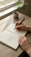 Person writing in notebook at wooden desk with coffee cup by window for journaling planning and creative work.