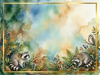 Watercolor woodland scene with raccoons, ferns, and foliage in soft earth tones and blues, featuring a gold frame border. Suitable for children's book illustrations, nursery decor, and greeting cards.