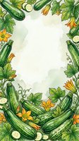 Fresh cucumbers and yellow blossoms frame this isolated botanical border design. Watercolor-style vegetables and foliage create a natural frame perfect for recipe cards, menus, packaging, and culinary marketing materials.