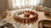 Fresh chicken eggs arranged in perfect circle on rustic wooden table with natural morning light streaming through window creating warm shadows.