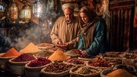 Middle Eastern couple examining spices at traditional market stall with colorful heaps of seasonings, dried herbs, and aromatic ingredients in atmospheric bazaar setting.