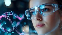 Young female scientist in protective eyewear examining glowing DNA helix structure visualization with blue and pink particles against dark background.