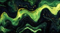 Abstract fluid art with swirling emerald and neon yellow waves against deep black background, featuring organic flowing patterns and golden sparkles. Suitable for luxury design.