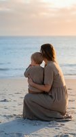 Young Caucasian mother holding toddler son on sandy beach at sunset, peaceful family bonding moment by ocean waves during golden hour vacation.