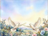 Pair of white doves with olive branches flying over blooming flowers and lush foliage in soft watercolor style, symbolizing peace, love and harmony for wedding and spiritual designs.