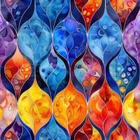 Vibrant watercolor ogee pattern in blue, orange, purple and yellow with organic bubble shapes and flowing lines creates seamless decorative background for fabric and paper.