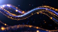 Magical glowing wave with sparkling golden and blue light particles flowing on dark background, creating dynamic motion effect for festive designs.