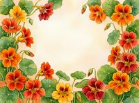 Watercolor nasturtium floral frame with orange and red blooms, green leaves, and soft beige center space for text or design.