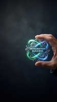 Hand holding glowing integration success hologram with interconnected gears and circuits on dark background for business technology concepts.
