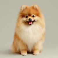 Adorable Pomeranian dog with fluffy orange fur and white chest smiling at camera against neutral background. Perfect for pet care advertising.