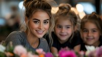 Young Caucasian woman with blonde messy bun hairstyle and natural makeup smiling with two little girls surrounded by pink and white flowers in soft bokeh lighting.