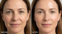 Middle-aged Caucasian woman showing skincare transformation results with smoother complexion and reduced wrinkles for beauty and wellness content.