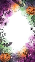 Halloween watercolor frame with pumpkins, spiders, bats and ghosts on white background. Decorative border for autumn holiday cards and invitations.