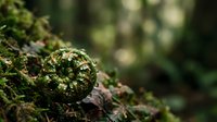 Young fern frond unfurling in lush forest environment with soft natural lighting and shallow depth of field for nature photography projects.